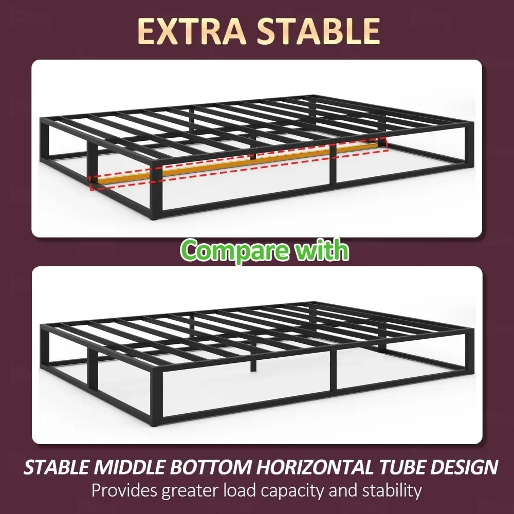 Bed Frame With Steel Slat Support,Low Profile Full Metal Platform Support Mattress Foundation