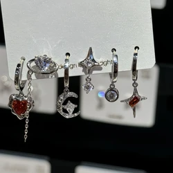 Goth Punk Vintage Aesthetic Crystal Heart Moon Cross Star Pendant Earrings Set For Men Egirl Grunge Y2K EMO Jewelry Accessories