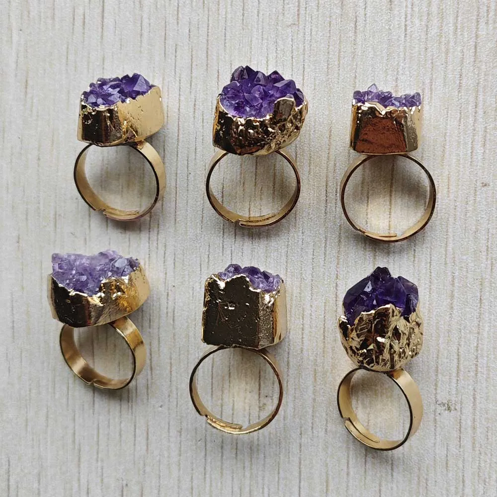 New Fashion Natural amethyst stone round Finger Adjustable Rings  inside diameter 18mm for women men Minimalist  Jewelry Gifts