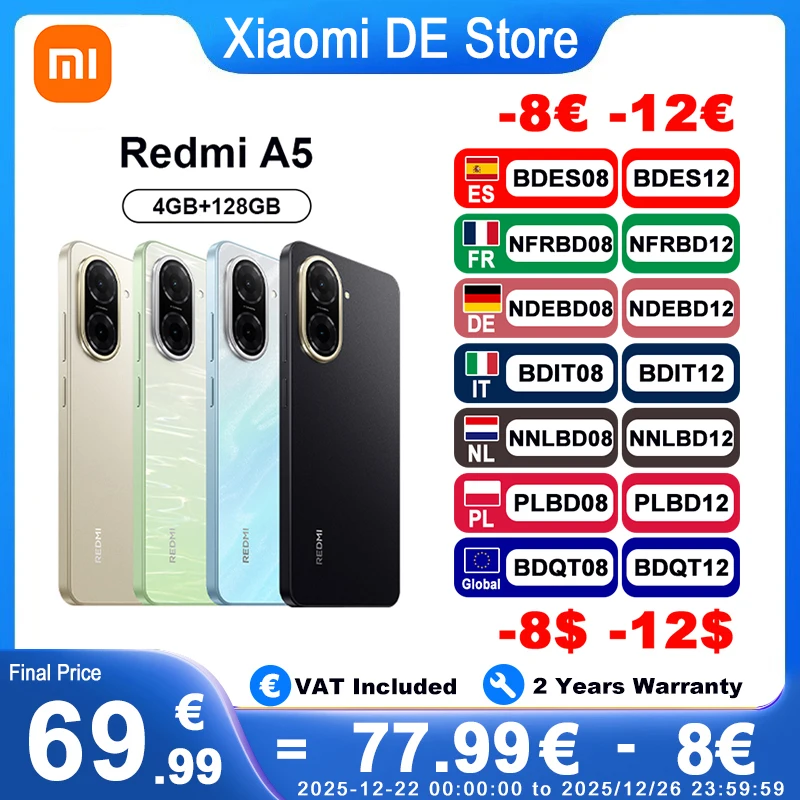Version mondiale Xiaomi Redmi A5 4G Smartphone 6.88 ''120Hz affichage 5200mAh batterie 32MP caméra réelle prise Audio 3.5mm