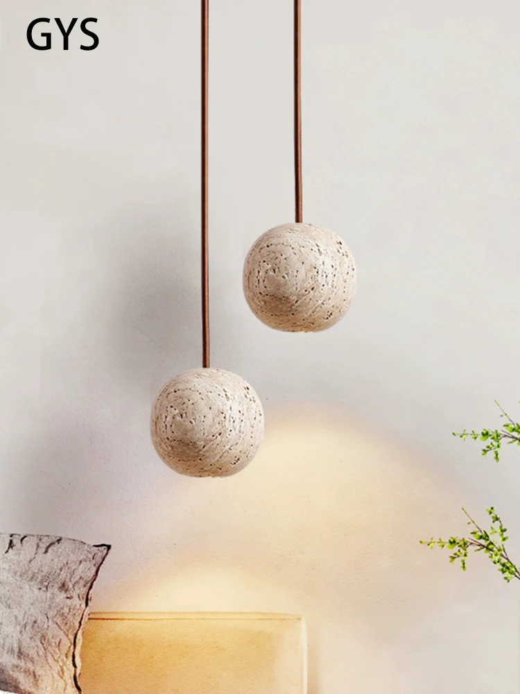 Led Pendant Lamp Stone Yellow Travertine Chandelier Bedside Small Round Light Nordic Bedroom Creative Hanging Line Lighting