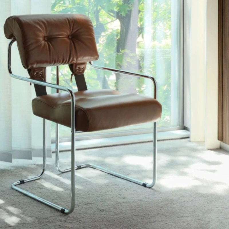 

Light luxury leather soft bag dining stainless steel meeting room chair retro