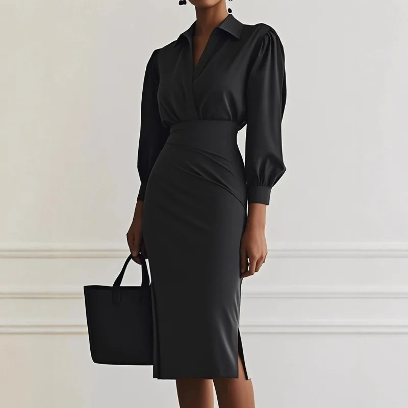 

2025 new autumn simple and fashionable temperament V-neck solid color waist cinched pleated dress for women's wear