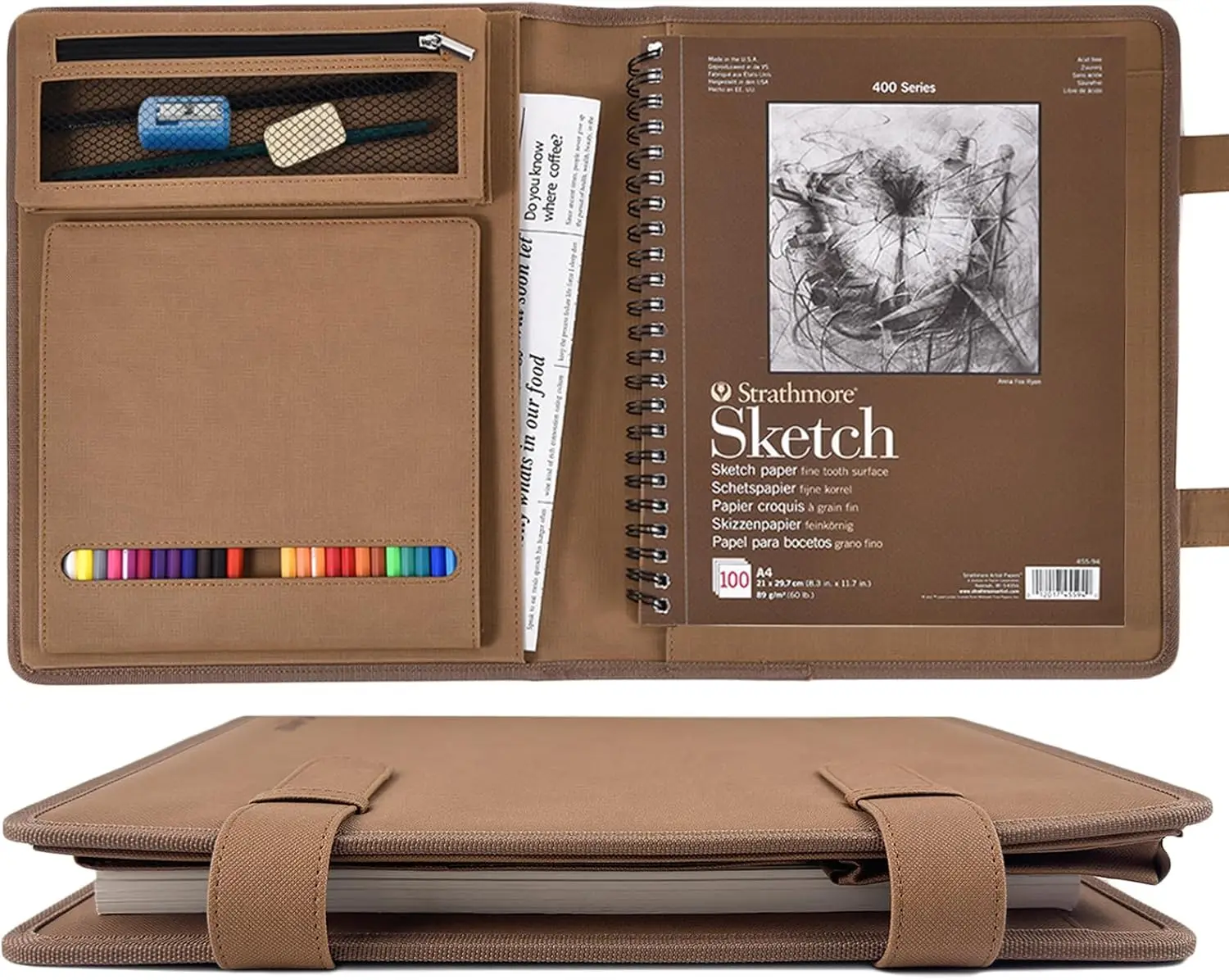 

Кожаная обложка для скетчбука 9x12 - дорожный портфель с отделениями для хранения, вмещает большой скетчбук и блокнот на спирали, органайзер для художника, коричневый