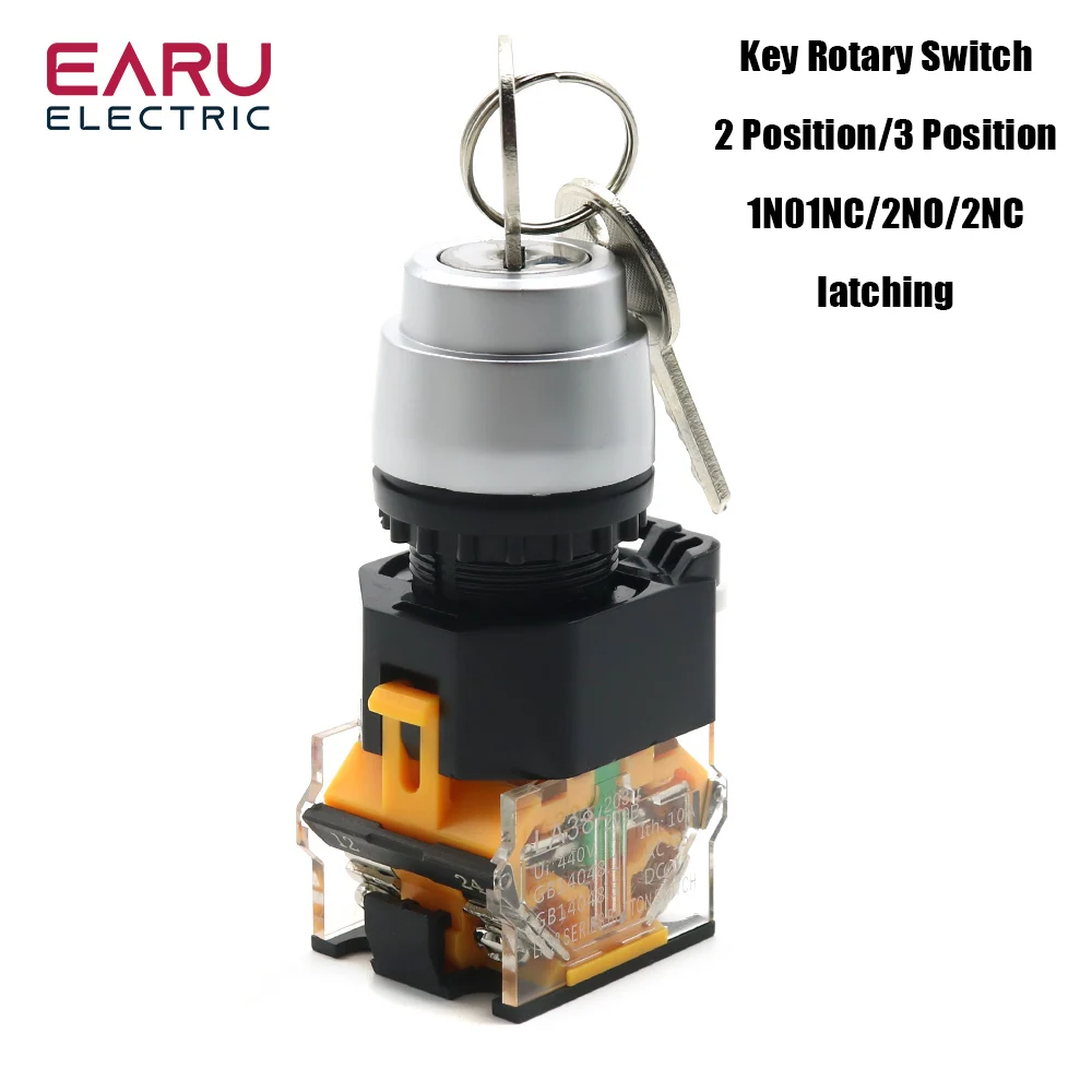 LA38-11Y/2 LA38-20Y/3 22mm Topuz Seçici Döner Kilit Anahtarı Anahtarı 2 3 Pozisyon 1NO1NC 2NO 2 Tuşlu Mandallama basmalı düğme anahtarı