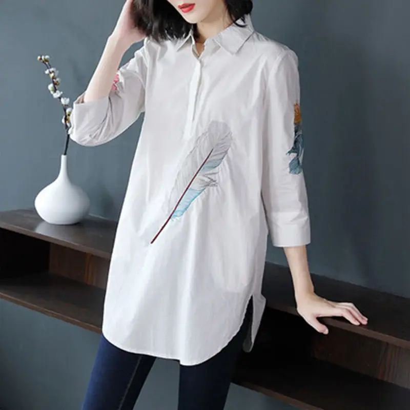 Female Solid Color Embroidery Fashion Shirt Summer Women\'s Clothing Korean Loose Turn-down Collar Casual 3/4 Sleeve Blouses