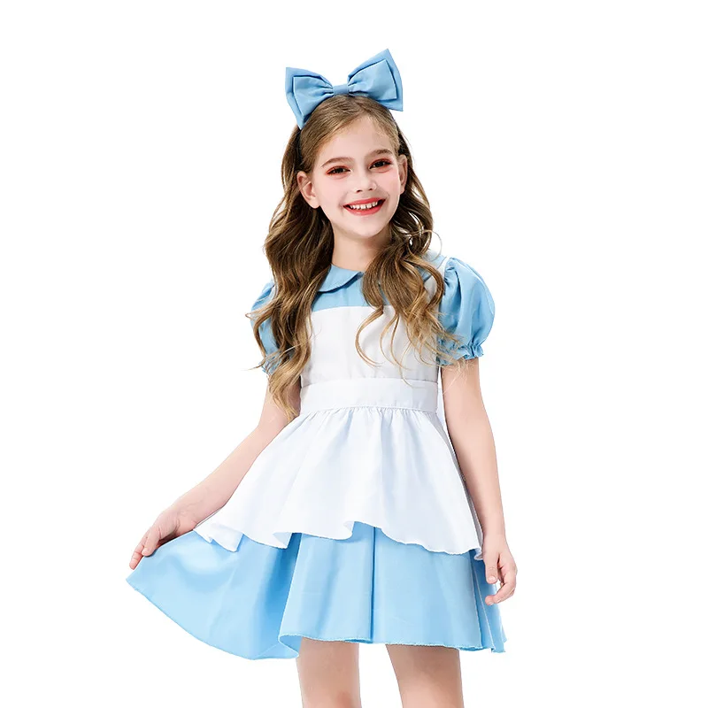 Halloween Baby Girl Costume Anime Alice In Wonderland Blue Party Dress Pastoral Wonderland Lolita Maid Outfit Role Play Costumes