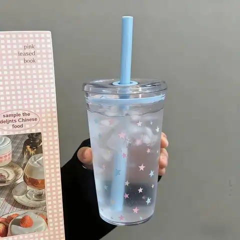 New New 450ml Plastic Straw Cup Tea Coffee Milk Simple Straws Sweet Cute Star Cup Friend Gifts
