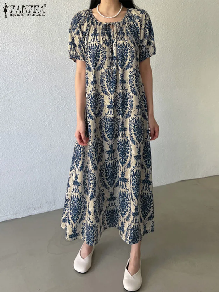 ZANZEA Puff Sleeve Loose Maxi Dress Vintage Printing Summer Vestidos Women Lace Up O-neck Robe Fashion Casual Holiday Dresses