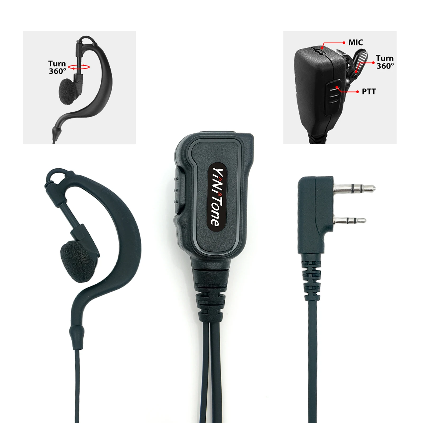 سماعة أذن YiNiTone EAP-1B على شكل حرف G مع PTT أسود، 2 دبوس لـ Kenwood TK-2107/3107 وBaoFeng UV-5R/888S