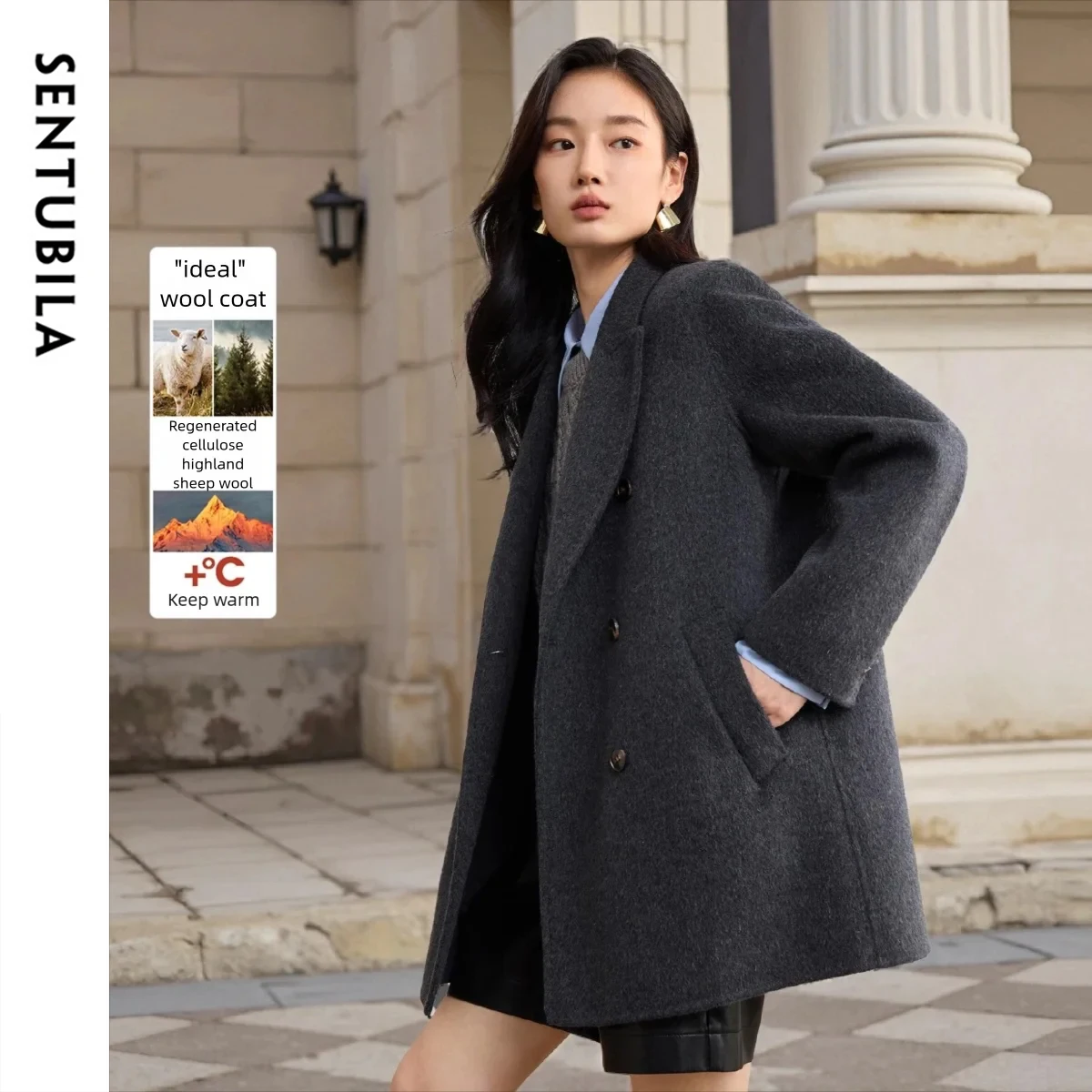 

SENTUBILA Women's Woolen Coats 2025 Winter Fashion Double Breasted Pocket Loose Jackets Wool Coat Female Clothing W54OA8787