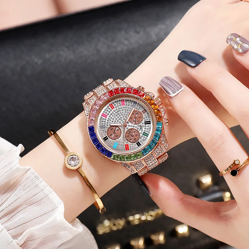 Women Watch Girl Simple Gold Dial Iced Out Quartz Clock Luxury Rhinestone Wrist Watch Big Size for Women Watches Reloj Mujer