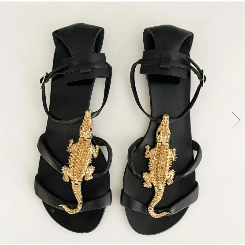 Metal Crocodile Soild Round Toe Summer Women Sandals Stiletto High Heels Buckle Strap Design Large Size Fashion Show Shoes