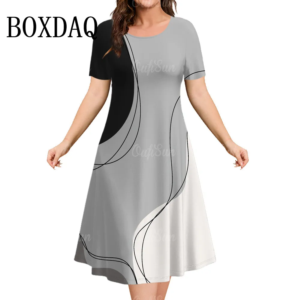 Woman Clothing Women‘S Short Sleeve Dress Loose Dresses 3d Stripes Printed Fashion Clothing Summer Casual Sundress A-Line Dress