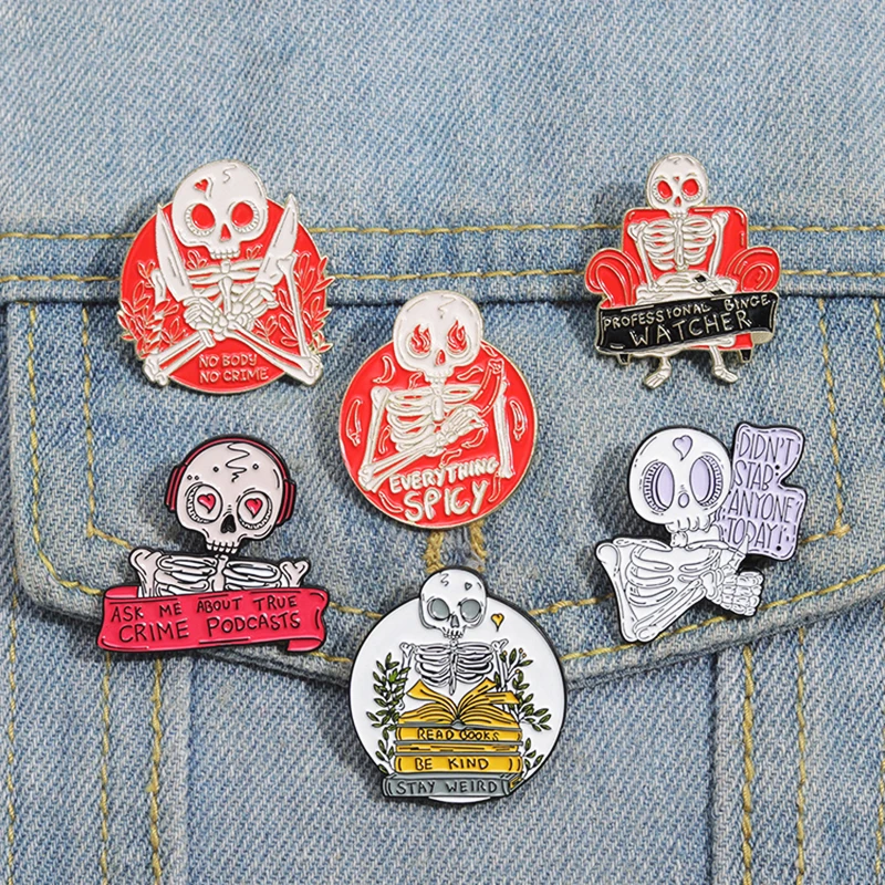 ME ABOUT TRUE CRIME PODCASTS Pines Lapel Badges Punk Gothic Jewelry Gift for Friends Red Punk Skeleton Enamel  Brooch Custom ASK