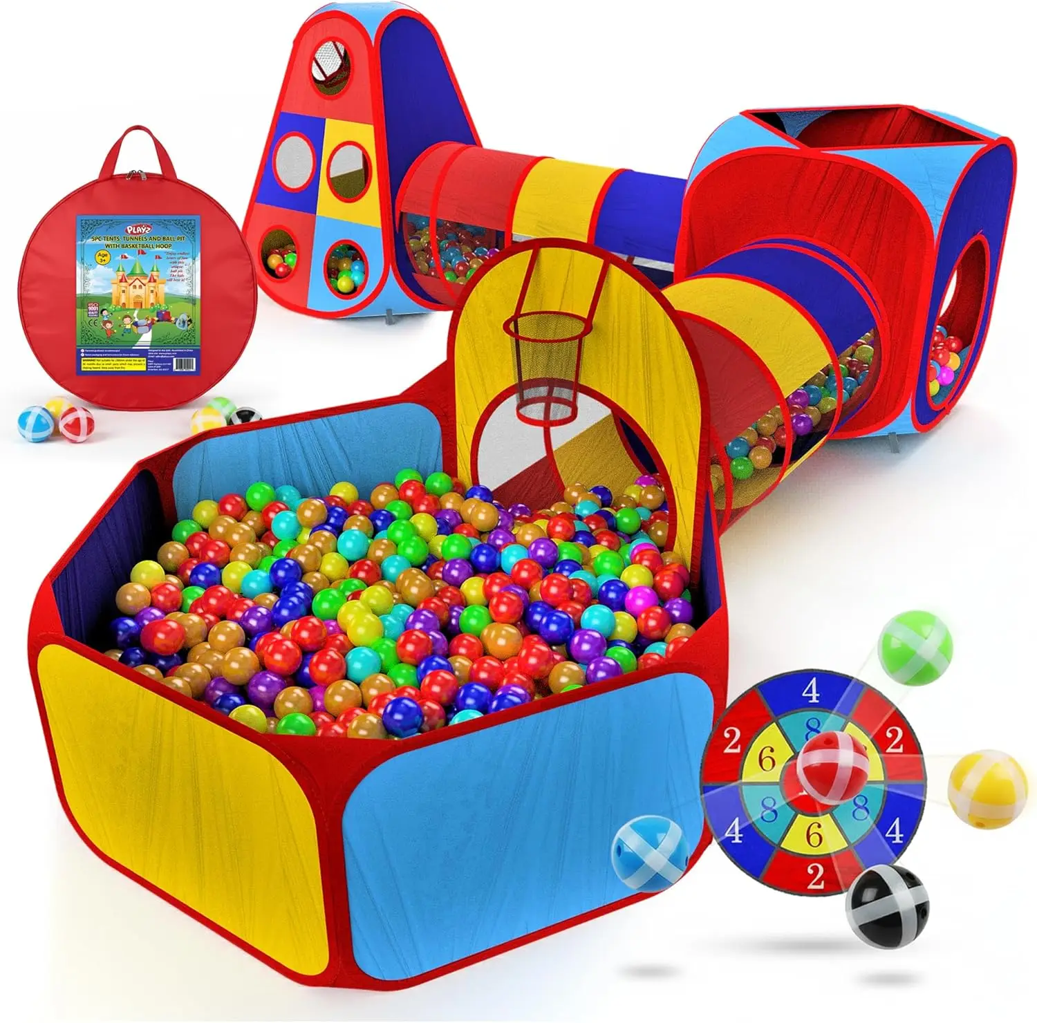 

5pc Kids' Play Tents & Tunnels Set with Ball Pit, Basketball Hoop, Pop-Up Playhouses for Indoor Outdoor Fun