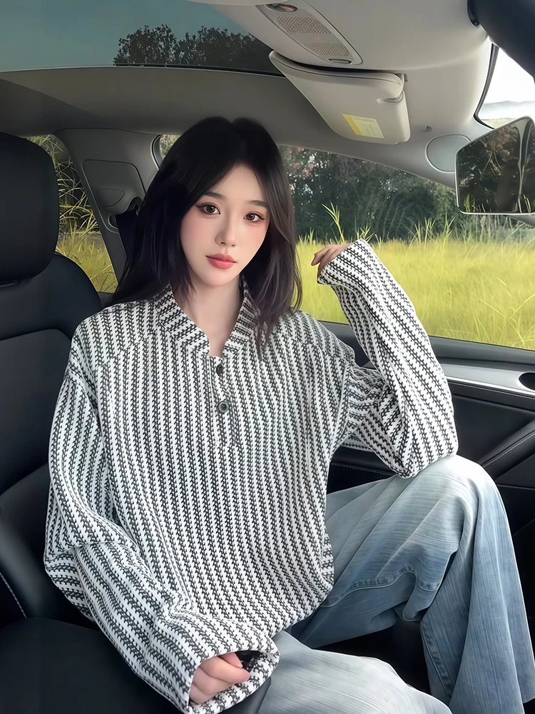 

ex Long Sve Henry Collar Sweatirt Stripe Design Comfortable Lazy Sle American Retro Sle Autumn Spring Season Wear