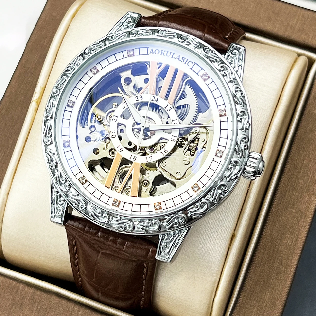 Men New Automatic Watch Luxury Clock Man Fashion Business Luminous Mechanical Waterproof Skeleton Sport Leather Strap Wristwatch