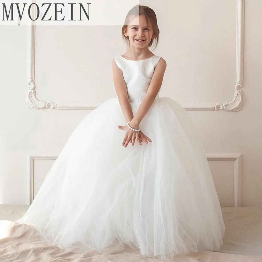 A Line Satin Flower Girl Dress Ivory Girl Wedding Party Tulle Girls Cute Ball Gown Backless Zip up Elegant Princess Dresses