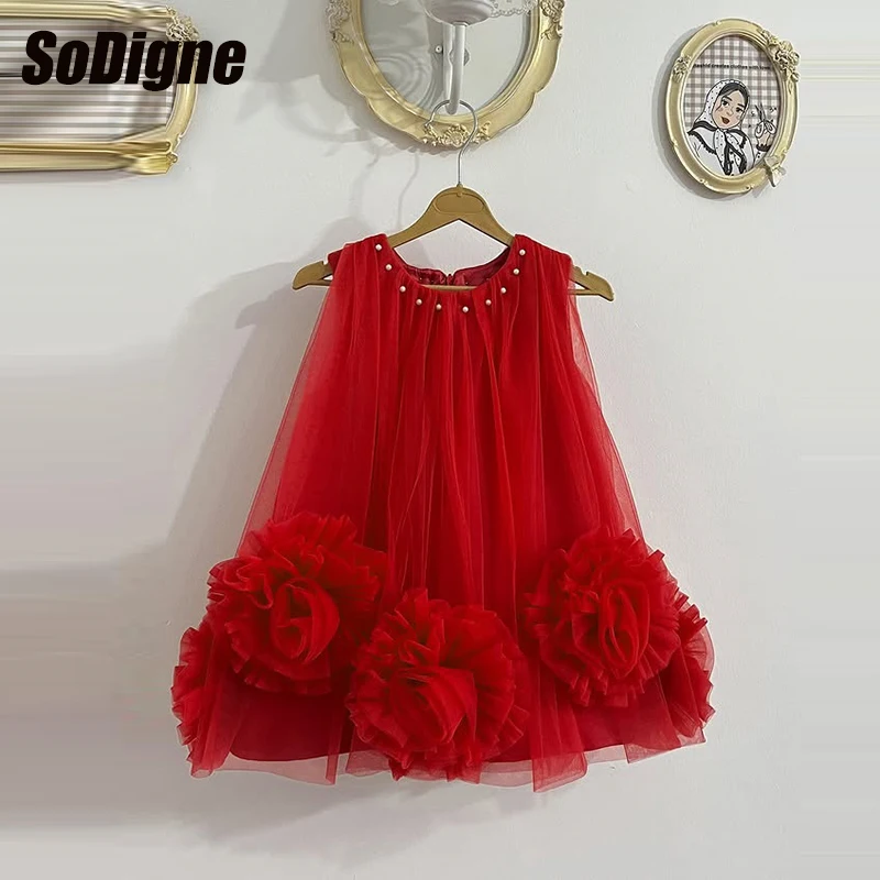 

SoDigne A-line Tulle Short Flower Girl Dress O-neck Sleeveless 2026 Girls Skirt Party Dresses Kid Princess Gown Customized
