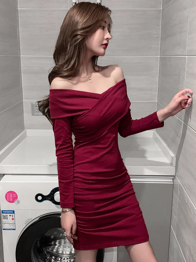 

Slash Neck Off Shoulder Dress Off Shoulder Sexy 023 New Slim Fit Red