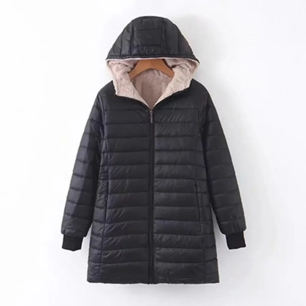 Winter Women Down Coat Padded Plush Hood Zipper Windproof Long Sleeves Pockets Warm Outwear Jacket