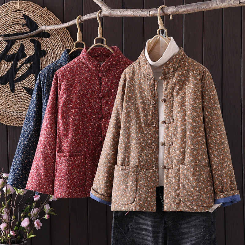 

Chinese Style Short Thickened Cotton Jacket Women's Winter Outerwear Floral Print Button Front Coat Stylish QiQi Style