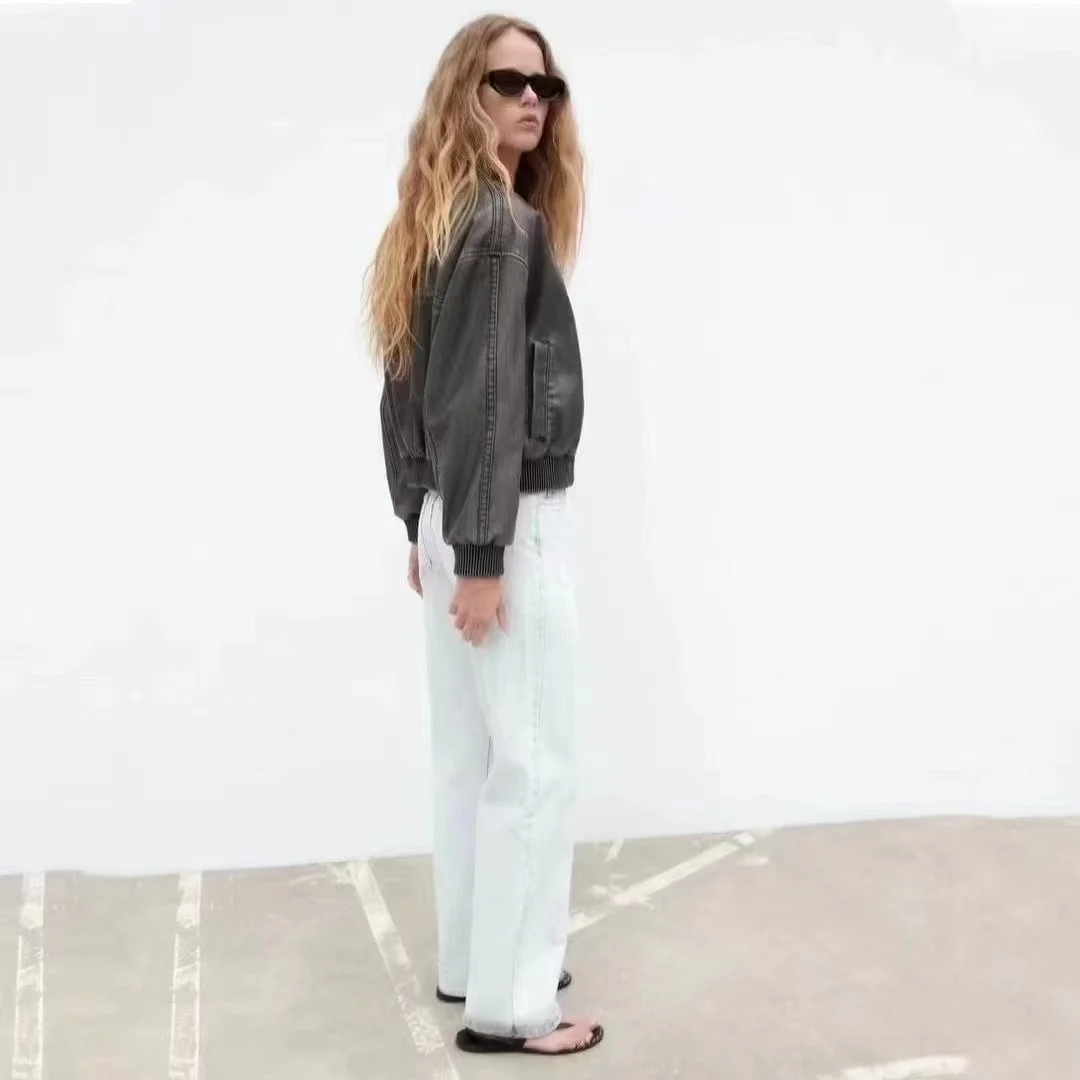 معطف نسائي كاجوال بياقة واقفة من Faionable Retro Pilot Jaet ملابس خارجية مع سحاب من جلد البولي يوريثان طويل بلون Sve