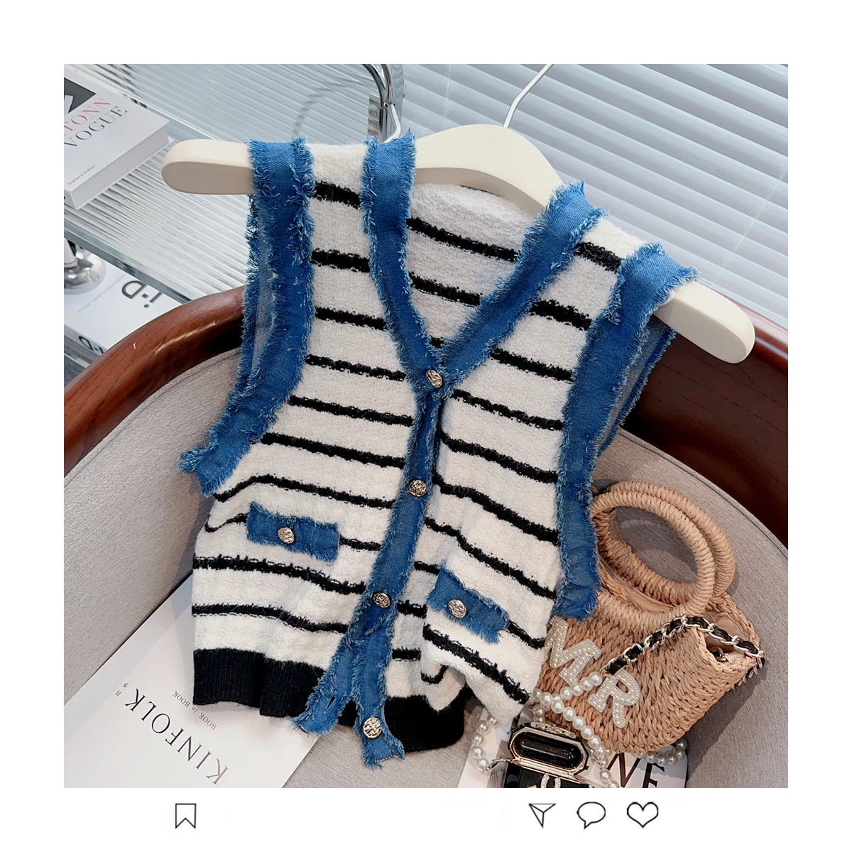 French Contrast Color Sleeveless Sweater Vest Women Pullover 2024 Spring Vintage V-neck Striped Knitted Vests Tank Tops Jumper