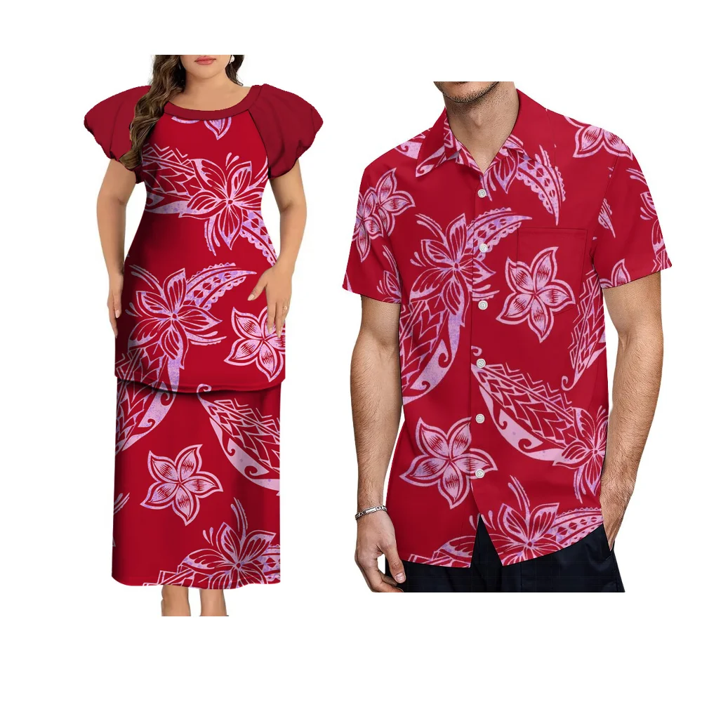 Polynesian Couple Summer Party Dress Casual Shirt Elegant Crew Neck Puletasi Suit Long Dress Samoa Club Fashion Women'S Custom