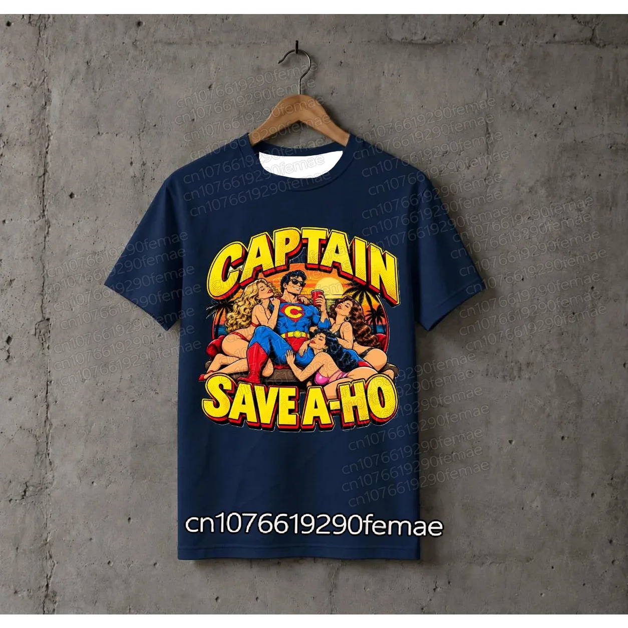 Men's Captain SaveA-Ho Comic Graphic T-Shirt,Retro Superhero Parody Print,Navy Blue Short Sleeve Crew Neck Casual Streetwear Tee