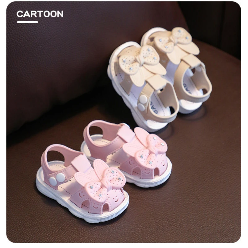 Baby Anti Slip Soft Sole Sandals, Fivela respirável, Sapatos de caminhada, Arco de diamante pontilhado, Desenhos animados, Orelha de coelho, Sapatos princesa