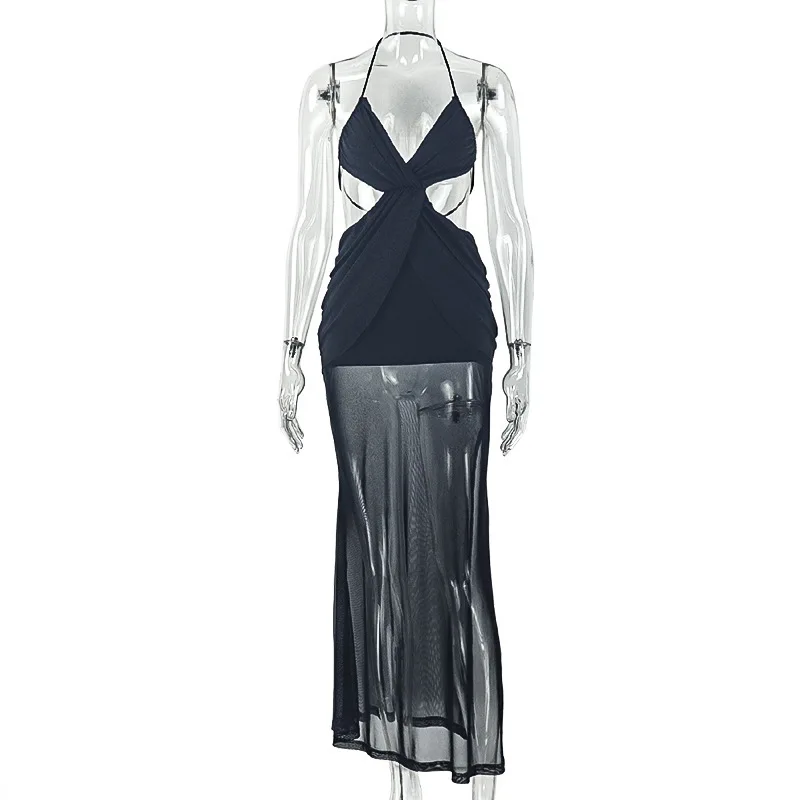 

Women's Fashionable and Sexy Backless Pleated Strapless Bodycon Dress, Spaghetti Strap Design, Evening Gown