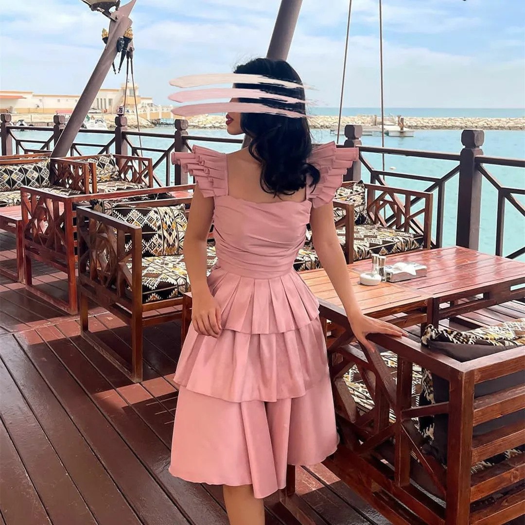 

AsaNagi Pink Satin Short Evening Dresses Women Off The Shoulder A-Line Tiered Ruffled Prom Dress Knee-Length فساتين السهرة