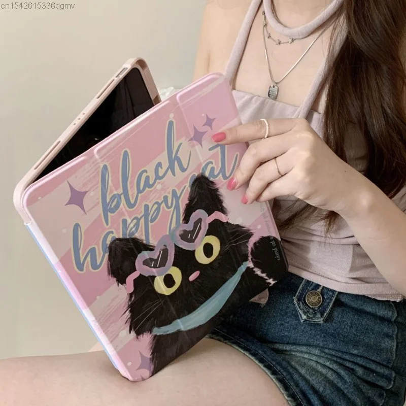 Cute Animal Black Cat Y 2k Vintage Tablet Case IPad Air 5 2020 10.2 Inch Acrylic Rotates Case Ipad Pro 11 Cover With Pen Slot