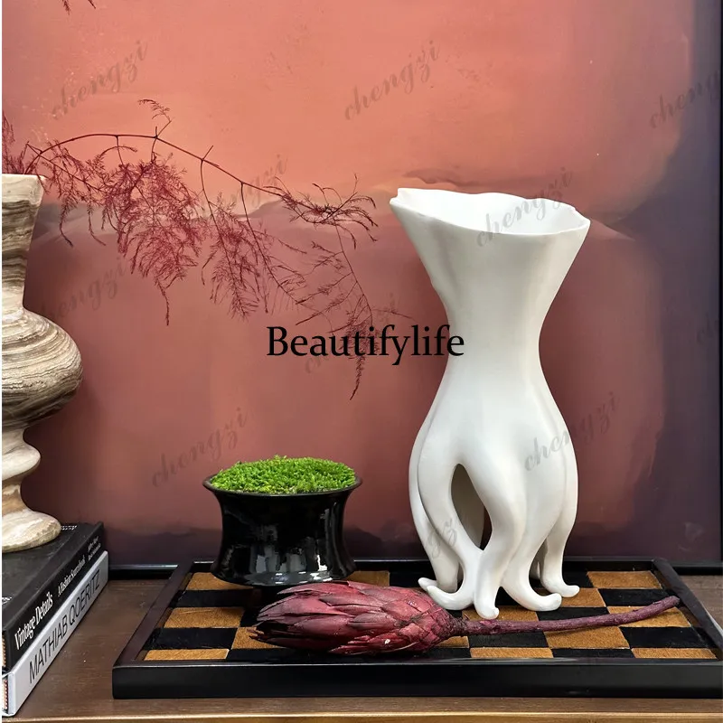 Modern Geometric Octopus Vase Resin Ornament Personality Niche Frosted Texture White, Book Living Room Vase