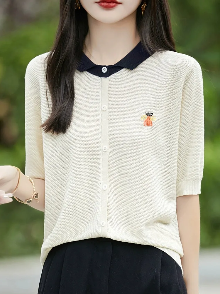 Ele geborduurd zwaar werk Ne gebreide ort Sve dunne zomerbovenkleding zijden f Sve top voor dames