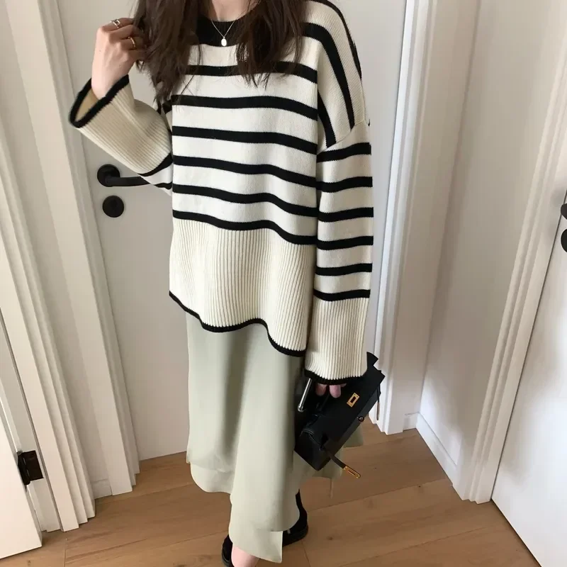 Women Striped Loose Thermal Sweater O-Neck Long Sleeve Thicken Knitted Pullovers Casual Sweater For Women 2024 Autumn Winter