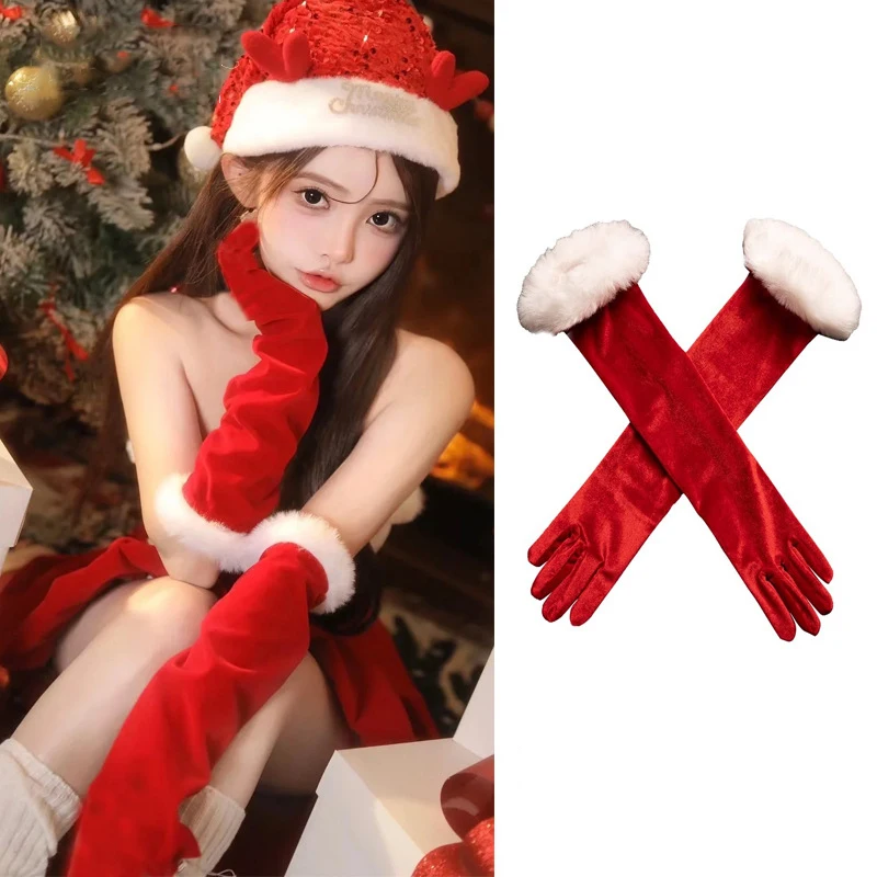 زوج 50 سنتيمتر أحمر طويل المخملية الأبيض فروي الكفة قفازات النساء أنيقة حفلة عيد الميلاد تأثيري مساء فستان الشتاء الدافئة اكسسوارات