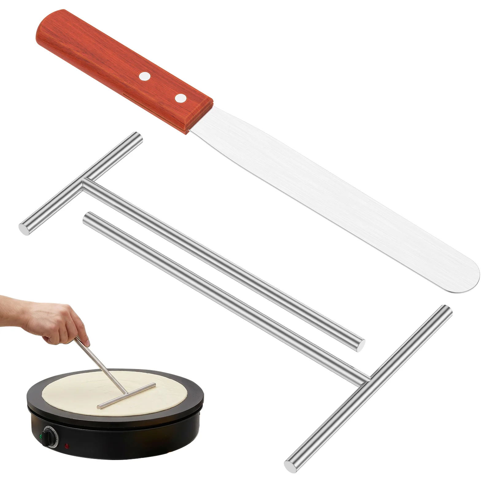 2/3Pcs Crepe Spreader and Spatula Kit Stainless Steel T Shape Batter Spreader and Spatula Set Non Stick Pancake Cooking Utensils