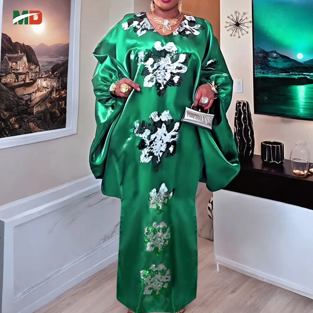

MD African Plus Size Kaftan Dress Sequin Flower Embroidery Loose-Fit Puff Sleeves Wedding Party Djellaba Gown Turkey Dress 2026