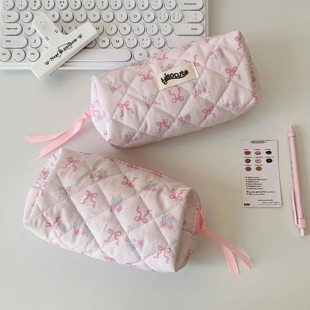INS Korean Cute Sweetheart Bow Pencil Case Aesthetic Portable Girl Makeup Bag Pouch Stationery Organizer Kawaii School Supplies