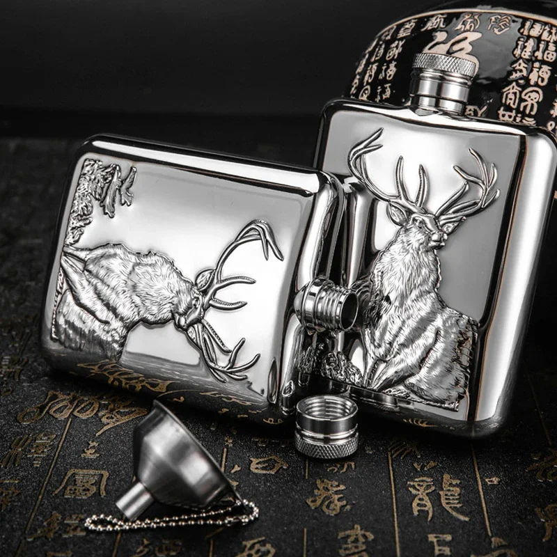 

Portable Flagon Elk Pattern Whiskey Wine Pot Flask 6Oz Stainless Steel Hip Flask Liquor Alcohol Cap Travel Tour Drinkware+Funnel