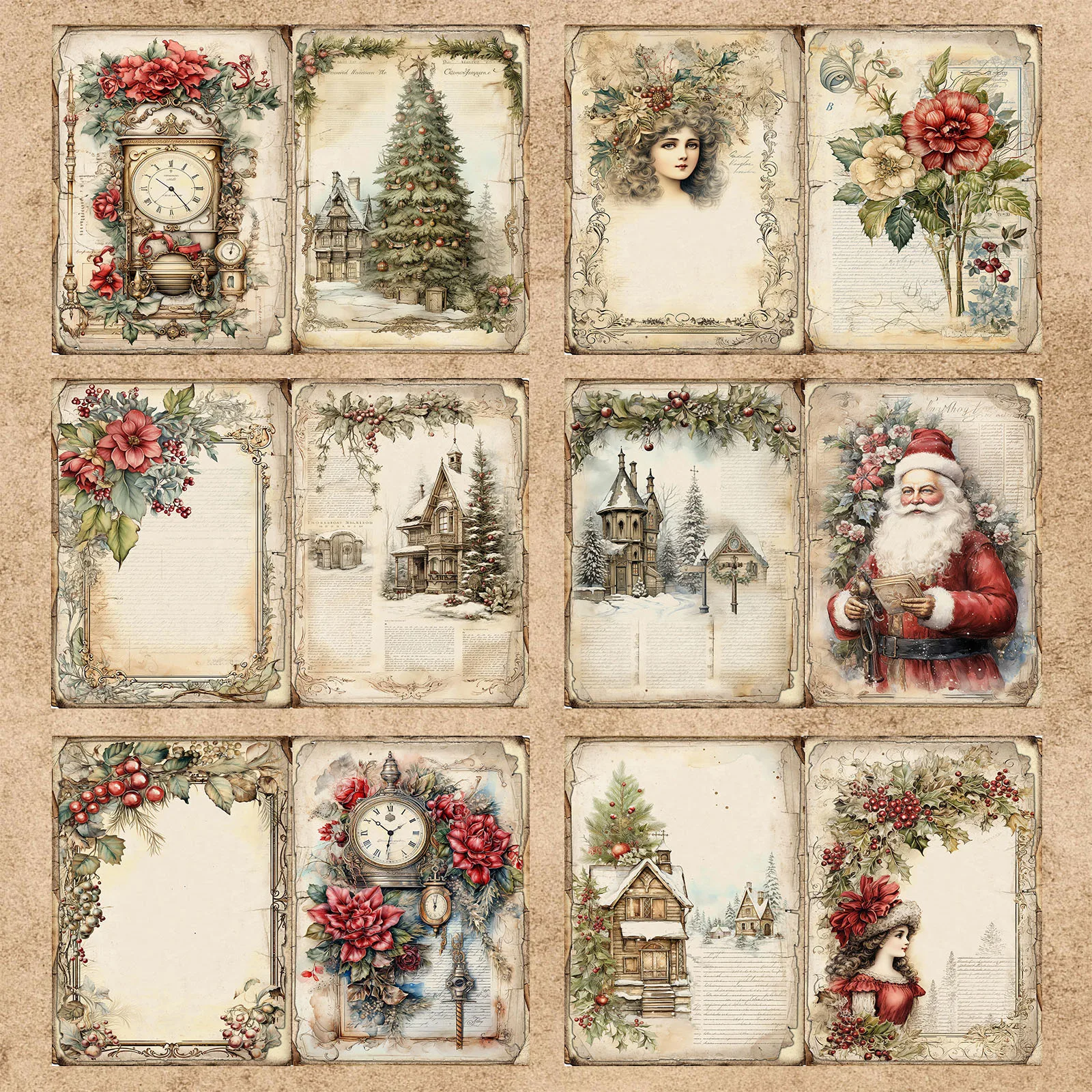 16 Sheets A5 Size Retro Victorian Santa Christmas Tree Holly Berry Girl House Vintage Grunge Journal Planning Scrapbooking