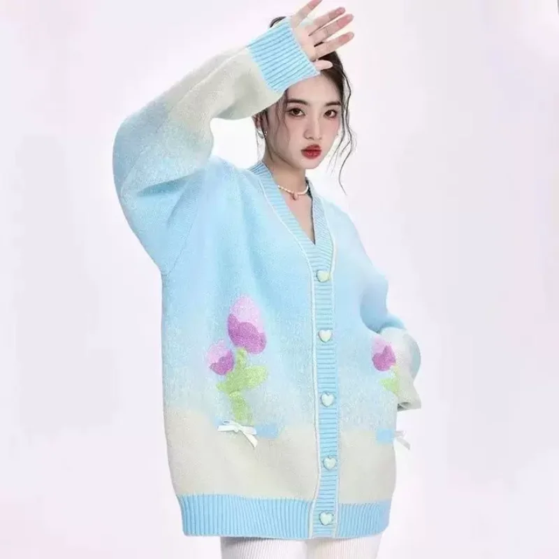 الحلو ولطيف نمط فتاة حار زهرة القوس الخامس الرقبة محبوك سترة المرأة الخريف والشتاء العصرية المرأة سترة فضفاضة