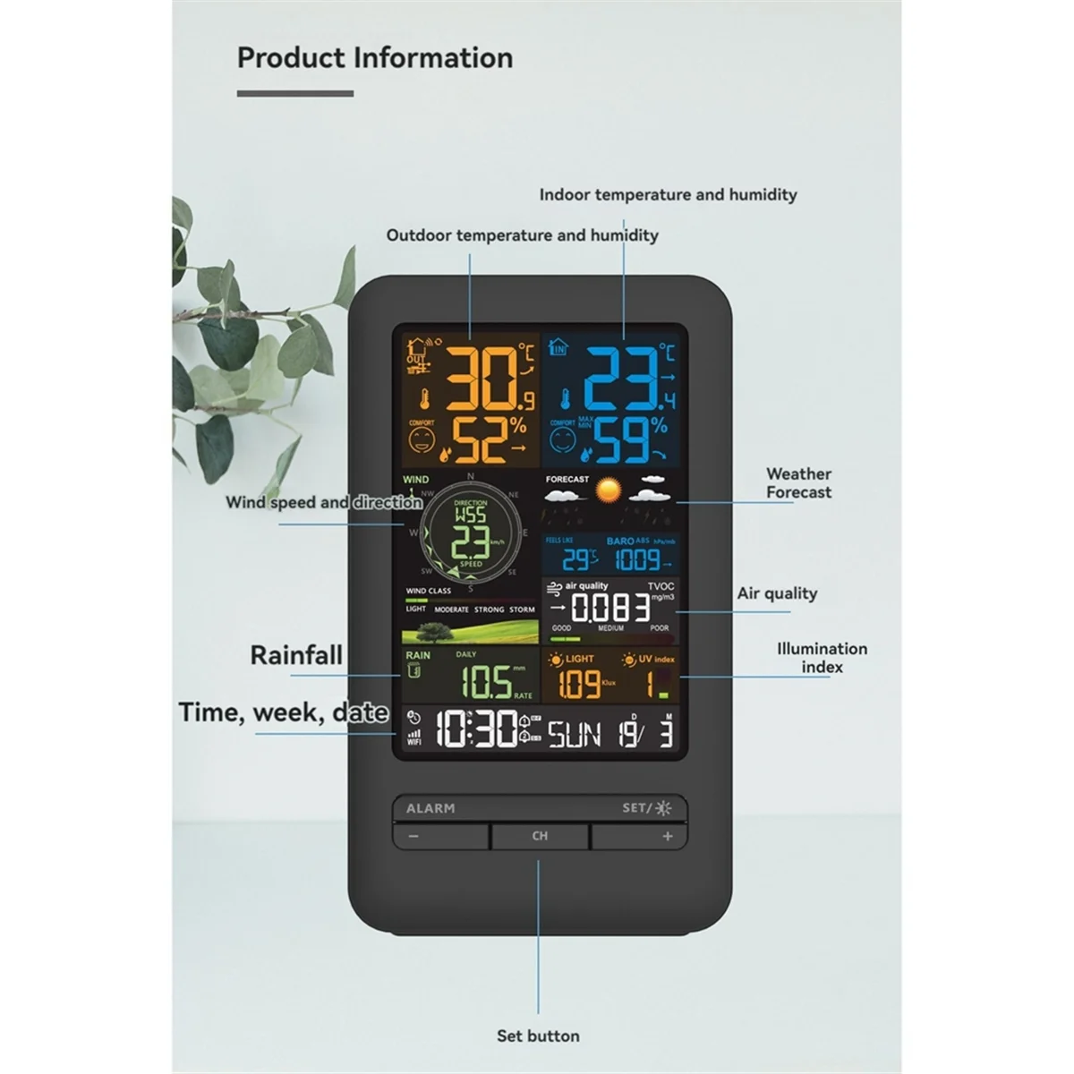 ABLK Tuya Метеостанция Сигнализация Wi-Fi Цифровой Направление скорости ветра Дождевой индекс качества воздуха Измеритель температуры и влажности