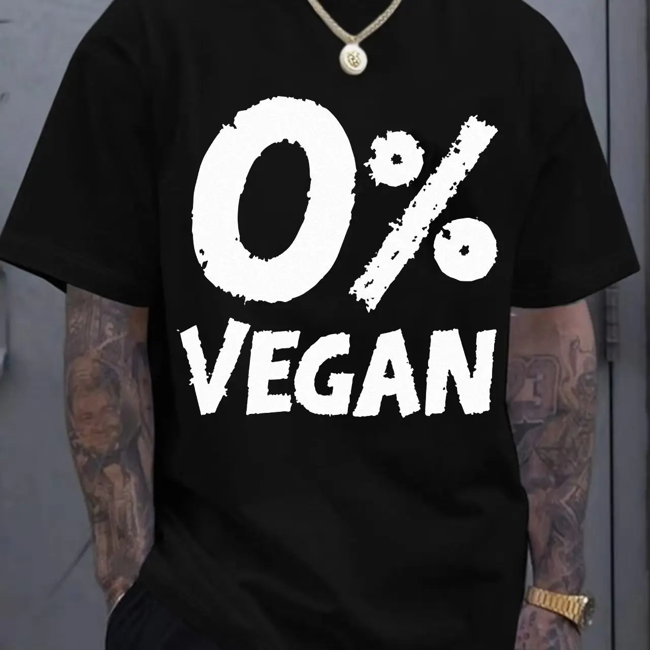 

Bold White Text & Graphics '0% VEGAN' Crew Neck Short Sleeve T-Shirt - Soft Plain Fabric, Casual Distressed Design, Neckline Blu