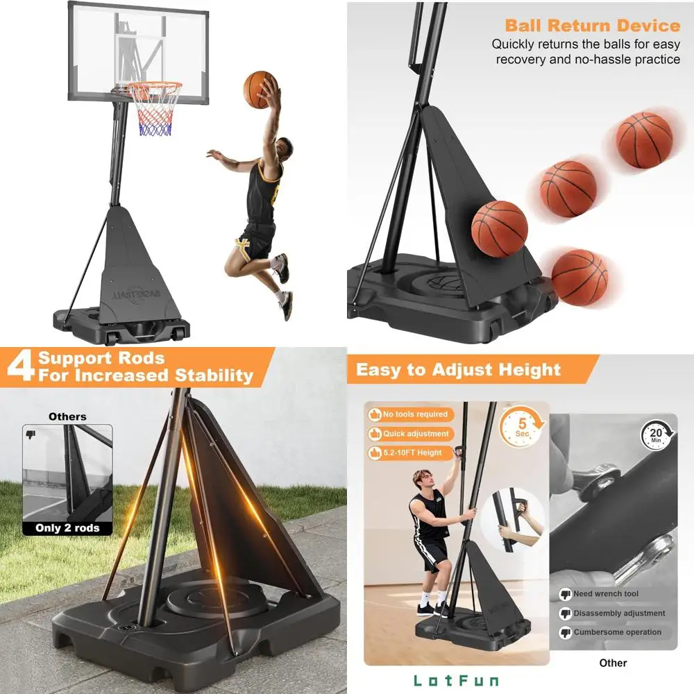 Höhenverstellbares Basketballkorbsystem, bruchsichere 44-Zoll-Rückwand, tragbar für den Außenbereich mit Rädern, geeignet für 5-10FT Cour