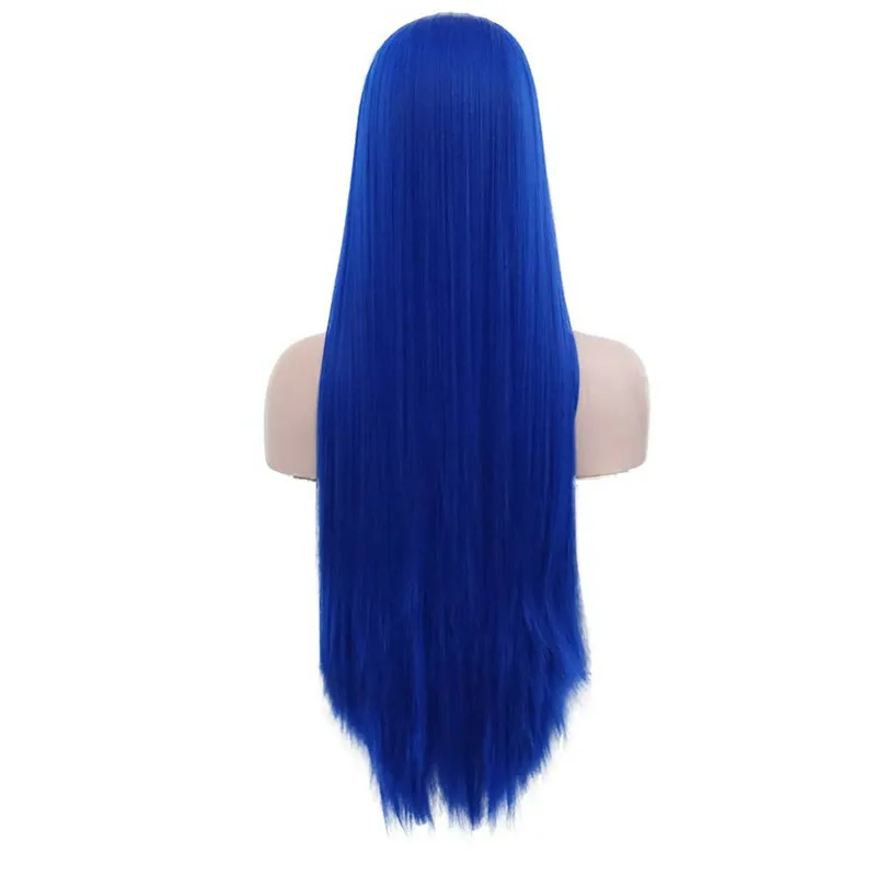 파란색 합성 긴 직선 내열성 앞면 레이스 가발 여성 코스프레 가발 미국