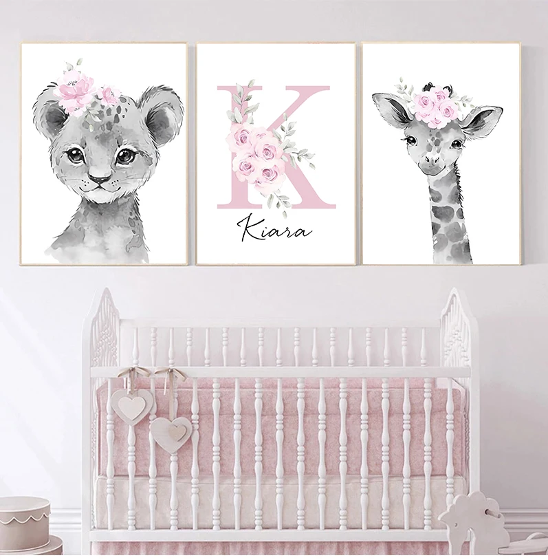 Affiche de pépinière personnalisée avec nom de bébé, peinture sur toile imprimée, fleurs roses, animaux, Art mural pour décoration d'images de chambre de filles